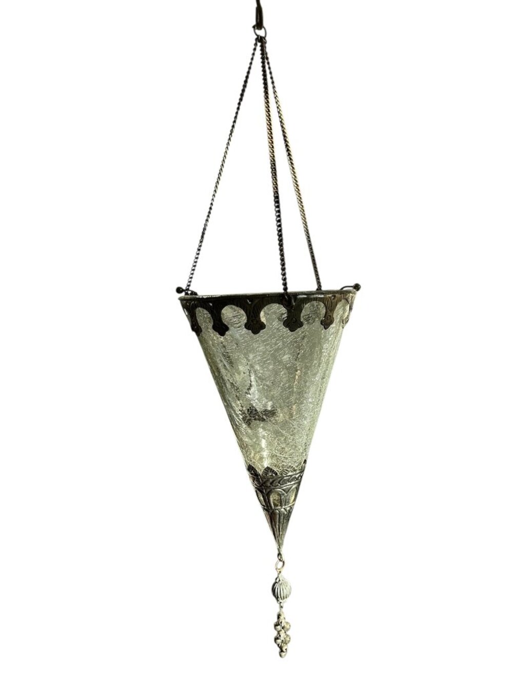 Vintage Tea Light Holder Moroccan Style Hanging Cone Metal & Crackle Glass Party